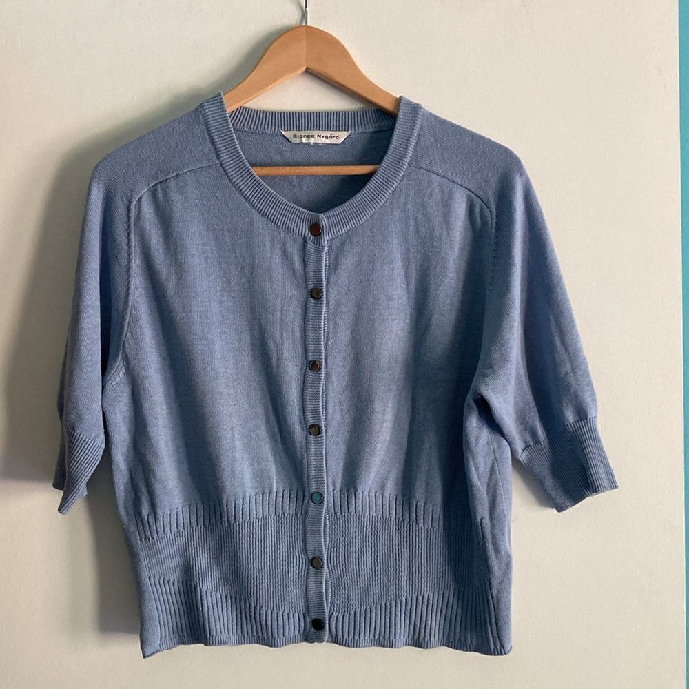 Bianca Nygard Size M Blue Stretch Knit Sweater Snap Front Cardigan
